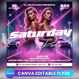 Editable Club Flyer Template For Canva, DIY Event Flyer, Party Flyer, Digital Birthday Flyer, DJ Party Invite for Social Media, Instagram