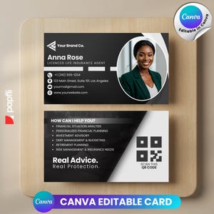 May include: A business card design for Anna Rose, a licensed life insurance agent. The card is black and white, with contact details, a photo, and a list of services. It also includes a QR code and the text "Real Advice. Real Protection."