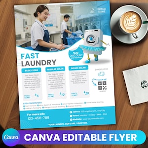Modelo de folheto para serviços de lavanderia, folheto editável, folheto para lavagem a seco, folheto para loja de lavanderia comercial, folheto promocional para lavanderia pré-fabricada