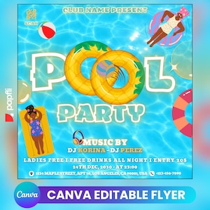 Folleto de fiesta en la piscina/Anuncio de fiesta en la piscina en las redes sociales Invitación editable para la piscina de verano/Plantilla de Canva DIY/Fiesta de cumpleaños en la piscina de verano Canva