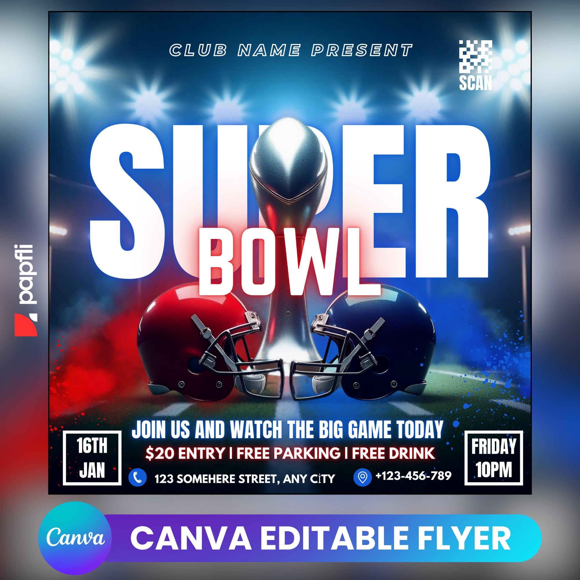 SuperBowl Football Flyer Vorlage für Canva, DIY Event Flyer, Party Flyer, Digital SuperBowl Flyer, DJ Party einladen für Social Media, Instant