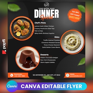 Ulotka z ofertami specjalnymi na kolację, edytowalny szablon ulotki, ulotka z wyprzedażą kolacji, ulotka z ofertami menu kolacji, ulotka restauracji, gotowe promocyjne materiały cateringowe