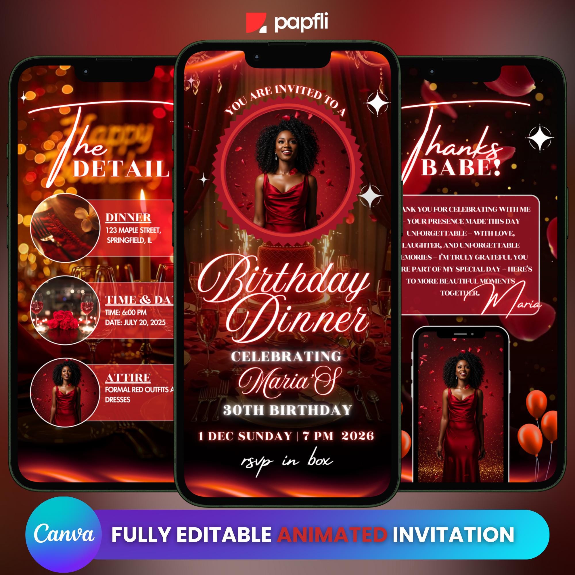Animated Birthday Dinner Video Invitation, Editable Template, Red Theme Party Invite, Premade Bday Party Celebration Event Digital Einvite