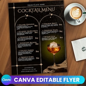 Modelo de panfleto para cardápio de coquetéis, panfleto editável, panfleto para cardápio de luxo, panfleto para barman, placa para bebidas exclusivas, panfleto para mixologista de bebidas pré-fabricadas