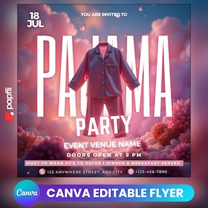 Panfleto de festa do pijama, modelo Canva rosa, design editável, impressão para evento de festa do pijama, postagem no Instagram, modelo de postagem para mídia social