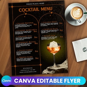 Flyer carte des cocktails, modèle de Flyer modifiable, Flyer menu du bar, Flyer barman, Enseigne de boissons signature, Flyer mixologue boissons préparées à l'avance
