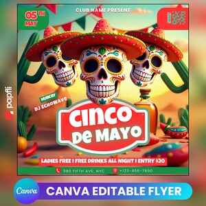 Plantilla de volante del Cinco de Mayo para Canva, volante para eventos, volante para fiestas, volante editable para fiestas mexicanas, invitación para DJ en redes sociales e Instagram.