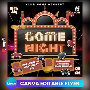 Game Night Party Flyer: Editable Canva Template (Digital Download)