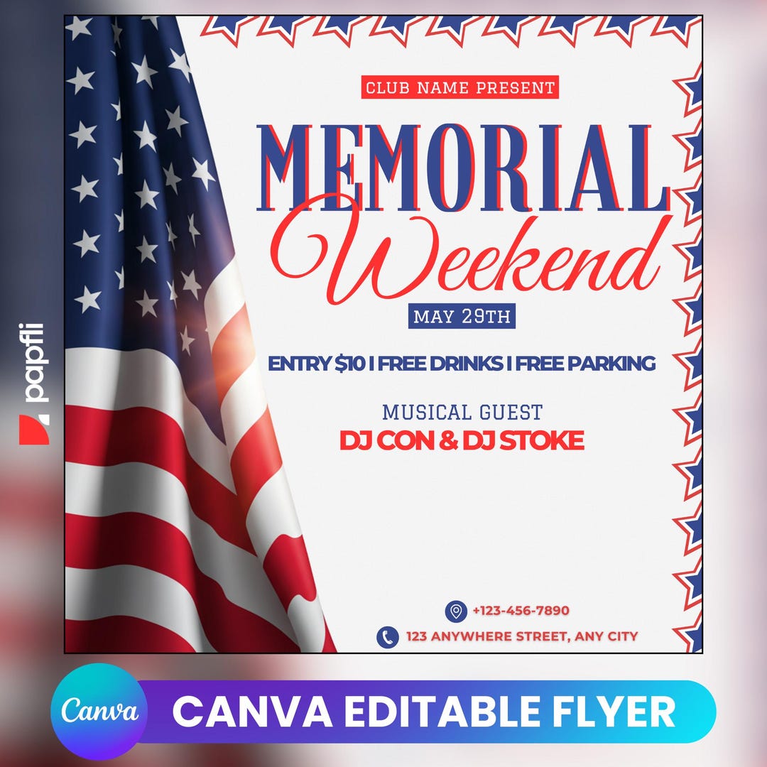 Memorial Day Party Flyer Template: DJ Event, Social Media (canva ...