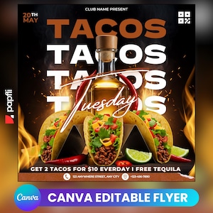 Volante editable de martes de tacos, volante de tacos y tequila, volante de comida de restaurante de tacos, marketing de restaurantes, volante de food truck, volante de Canva DIY