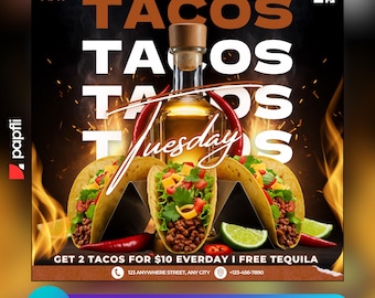 Editable Tacos Tuesday Flyer, Tacos & Tequila Flyer, Tacos Restaurant Food Flyer, Restaurant Marketing, Food Truck Flyer, DIY Canva Flyer