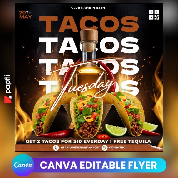 Editable Tacos Tuesday Flyer: Restaurant Food Truck Marketing (Canva)