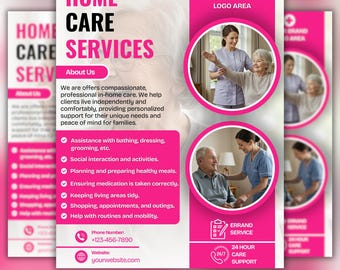 Folleto de servicios de atención domiciliaria, plantilla de folleto editable, folleto de asistencia sanitaria, folleto de servicios de atención a personas mayores, folleto prediseñado para el cuidado de personas mayores