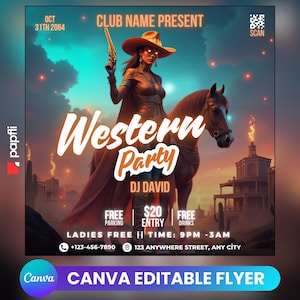 Western Party Flyer, Social Media Western Party Announcement, Editable Western Invitation, DIY Canva Template, Birthday Western Party Canva
