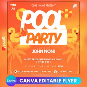 Folleto de fiesta en la piscina/Anuncio de fiesta en la piscina en las redes sociales Invitación editable para la piscina de verano/Plantilla de Canva DIY/Fiesta de cumpleaños en la piscina de verano Canva