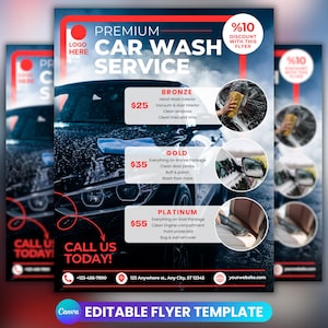 Może przedstawiać: Ulotka serwisu myjni samochodowej z czarnym samochodem. Zawiera pakiety usług Brąz, Złoto i Platyna, z cenami i opisami. Oferowana jest zniżka 10%. Tekst brzmi "Serwis myjni samochodowej".