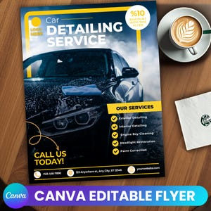 Car Detailing Services Flyer, anpassbare Canva-Vorlage für Auto Detailing, Mobile Car Wash, Fahrzeugreinigung Business Marketing