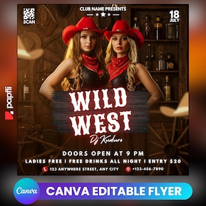 Western Party Flyer, Social Media Western Party Announcement, Editable Western Invitation, DIY Canva Template, Birthday Western Party Canva
