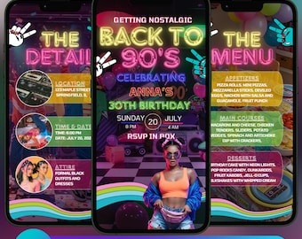 Animated Birthday Party Video Invitation, Editable Template, 90s Party Invite, Premade Nineties Vintage Party Celebration Digital Invite
