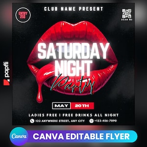 Editable Club Flyer Template For Canva, DIY Event Flyer, Party Flyer, Digital Birthday Flyer, DJ Party Invite for Social Media, Instagram