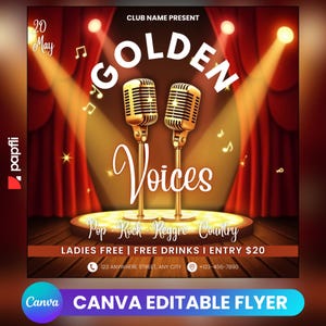 Editable Golden Voice Karaoke Night Flyer Template, Canva Design for Karaoke Event, Music Party Invitation Promo Ad, Instagram Flyer