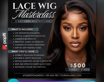 Wig Install Training Flyer, Lace Wig Class - 1 on 1 Lace Course, Hairstylist Flyer, Editable Canva Template, Instant Download