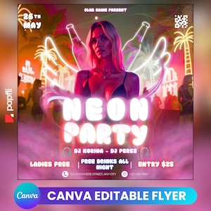 Editable Neon Party Flyer Template: DJ Event, Social Media (Canva)