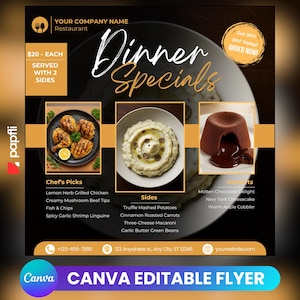Ulotka z ofertami specjalnymi na kolację, edytowalny szablon ulotki, ulotka restauracji, ulotka z wyprzedażą kolacji, ulotka z ofertami menu kolacji, gotowa promocja kolacji