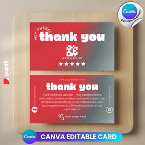Könnte beinhalten: Zwei Dankeskarten mit rotem und grauem Farbverlauf. Die Karten zeigen den Text "thank you" in großen weißen Buchstaben. Eine Karte sagt "Hey there!" und "Leave a review". Die andere Karte enthält eine Website-Adresse und Social-Media-Symbole.
