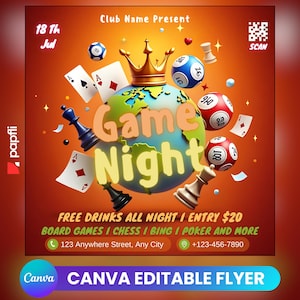 Game Night Party Flyer: Editable Canva Template (Digital Download)