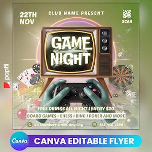 Game Night Party Flyer: Editable Social Media Invitation (Canva Template)