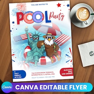 4th Of July Pool Party Invitation, Editable Independence Day Pool Party Patriotic Invite, July 4th Party Invite, Fourth of July Invite
