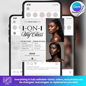 Puede incluir: Publicaci&oacute;n en redes sociales que promociona una clase de pelucas 1 a 1. El dise&ntilde;o presenta im&aacute;genes de mujeres, una lista de temas cubiertos e inclusiones de capacitaci&oacute;n. El logotipo de Canva es visible en la esquina superior derecha de la imagen.