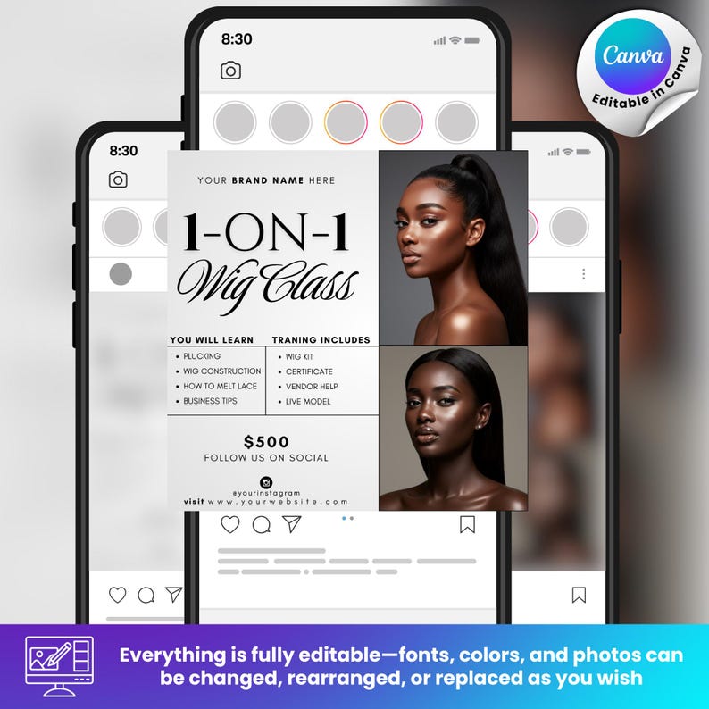 Puede incluir: Publicaci&oacute;n en redes sociales que promociona una clase de pelucas 1 a 1. El dise&ntilde;o presenta im&aacute;genes de mujeres, una lista de temas cubiertos e inclusiones de capacitaci&oacute;n. El logotipo de Canva es visible en la esquina superior derecha de la imagen.