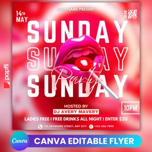 Modèle de Flyer rouge Sunday Club pour toile, Flyer d&#39;événement modifiable, Flyer de fête, Flyer d&#39;anniversaire numérique, Invitation à une soirée DJ pour les médias sociaux