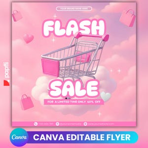 May include: Pink and white graphic for a flash sale, featuring a shopping cart, hearts, and shopping bags against a pink sky. Text includes "FLASH SALE" and "FOR A LIMITED TIME ONLY 40% OFF". The flyer is labeled "CANVA EDITABLE FLYER".