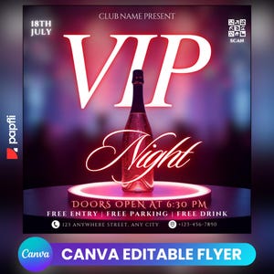 Puede incluir: Un folleto para una noche VIP en un club. El folleto presenta una botella de champán en una plataforma brillante con el texto "VIP Night" en una fuente cursiva. El folleto también incluye la fecha "18 de julio", la hora "6:30 PM" y el texto "Entrada gratuita | Estacionamiento gratuito | Bebida gratuita".