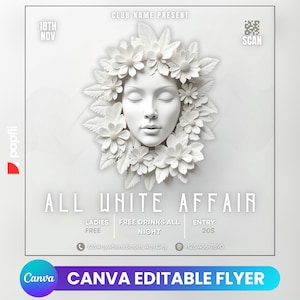All White Party Flyer, Editable Club Flyer Template, White Party Invitation, White Club Party Flyer, Instagram Post, Social Media Post