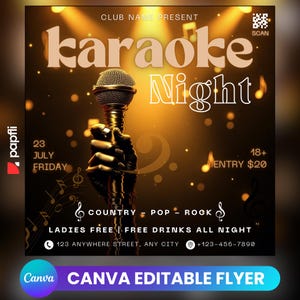 Modello di volantino modificabile per club di karaoke per Canva, volantino fai da te per eventi, volantino per feste, volantino digitale per compleanni, invito per feste con DJ per i social media