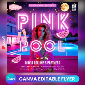 Folleto de fiesta en la piscina/Anuncio de fiesta en la piscina en las redes sociales Invitación editable para la piscina de verano/Plantilla de Canva DIY/Fiesta de cumpleaños en la piscina de verano Canva