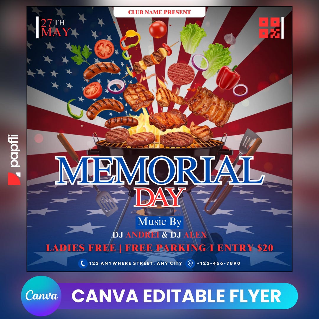 Memorial Day BBQ Flyer Template: DIY Party Invite (canva Editable) - Etsy