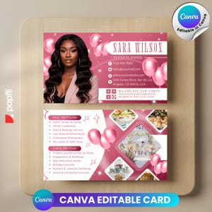 May include: A pink business card for Sara Wilson, Event Planner, featuring a photo of a woman and pink balloons. The card lists services like event styling, venue coordination, and photography. The Canva logo is visible.