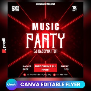 Editable Club Party Flyer Template: DJ Event, Instagram (Canva)