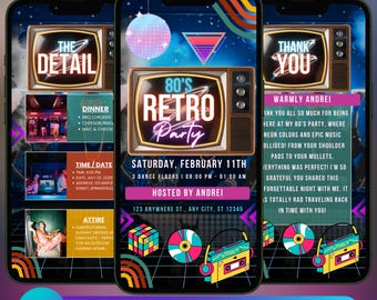 Animated Birthday Party Video Invitation, Editable Template, 80s Neon Party Invite, Premade Retro Vintage Party Celebration Digital Invite