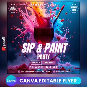 Paint and Sip Party Flyer, Editable Canva Template, Creative Event Flyer Design, Instagram & Social Media Post Template