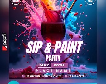 Paint and Sip Party Flyer, Editable Canva Template, Creative Event Flyer Design, Instagram & Social Media Post Template