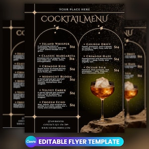 May include: A black cocktail menu flyer with gold accents, featuring a cocktail glass with a large ice cube. The menu lists various cocktails with descriptions and prices. The bottom of the flyer says "EDITABLE FLYER TEMPLATE".