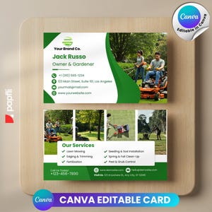 Könnte beinhalten: Visitenkarten-Design für einen Gärtnereiservice. Die Karte zeigt den Namen "Jack Russo, Owner & Gardener" und Kontaktinformationen. Das Design enthält Bilder von Rasenpflege und listet Dienstleistungen wie Rasenmähen, Kantenschneiden und Düngen auf. Die Karte ist in Canva editierbar.