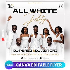All White Party Flyer, Social Media All White Party Announcement Editable Invitation, DIY Canva Template, All White Party Summer Canva
