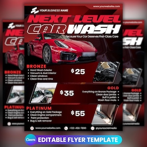 Może przedstawiać: Ulotka reklamowa myjni samochodowej z czerwonym samochodem sportowym. Tekst "Next Level Car Wash" przedstawia pakiety Bronze, Gold i Platinum. Ulotka zawiera stronę internetową i media społecznościowe.